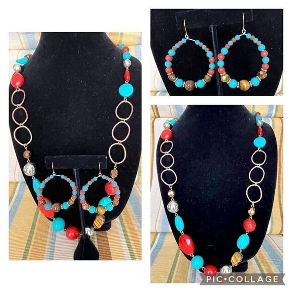 Chunky Turquoise Orange Beaded Rustic Necklace and Earrings Bohemian Jewelry Set - Picture 1 of 5